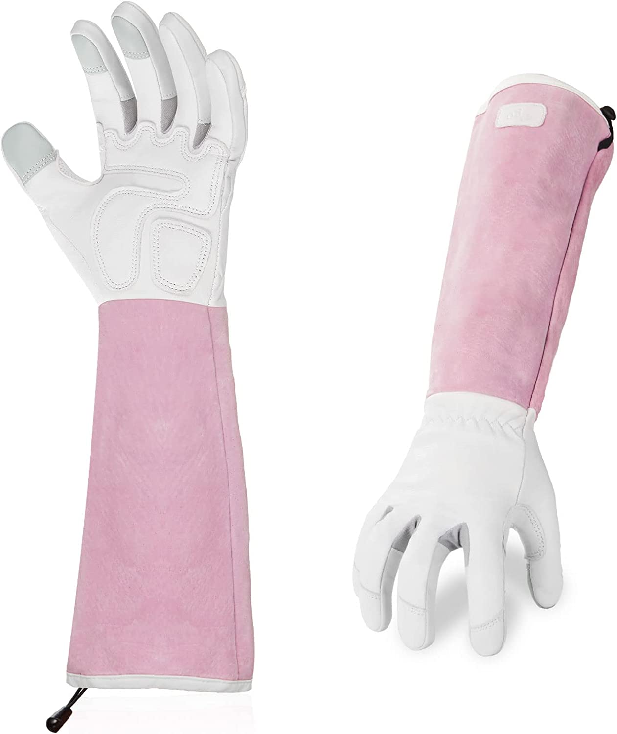 Vgo | 1-Pair Premium Genuine Goat Leather Extra-Long Cuff Thornproof Gardening Gloves (Size S, Pink White, GA1013)
