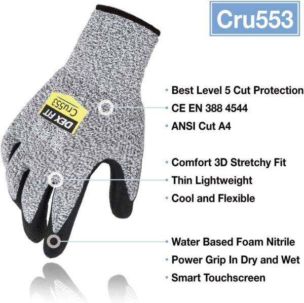DEX FIT | Level 5 Cut Resistant Gloves Cru553, 3D-Comfort Fit, Firm Grip, Thin & Lightweight, Touch-Screen Compatible