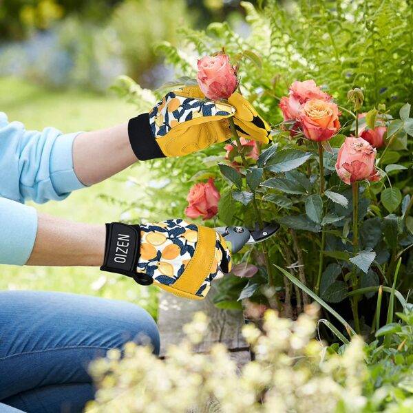 OIZEN | Leather Tough Cowhide Work Gardening Gloves for Women Thorn Proof ,Working Gloves for Weeding, Digging, Planting